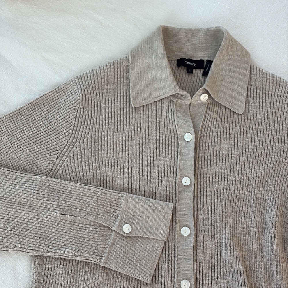 Theory Tan Ribbed Cotton Knit Shirt